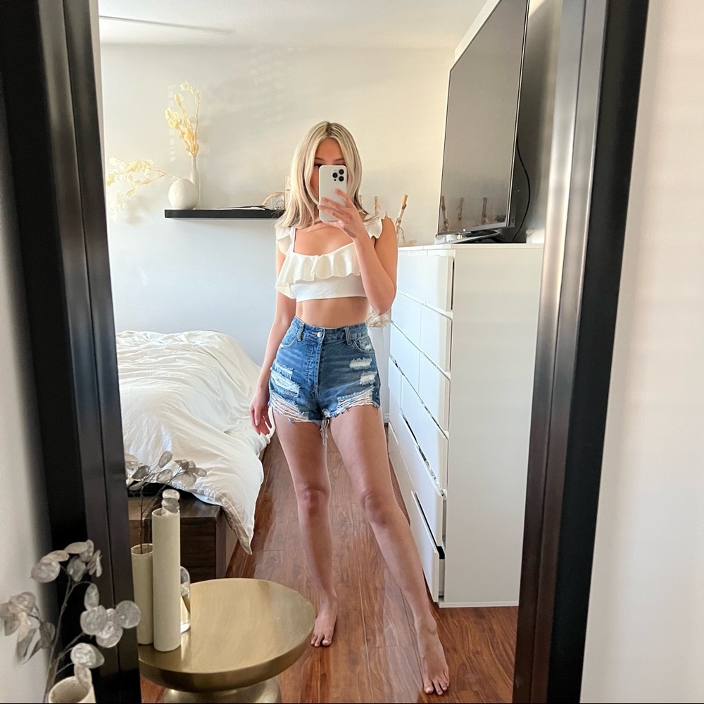 Naked Wardrobe White Ruffle Crop Top. Size US Small.